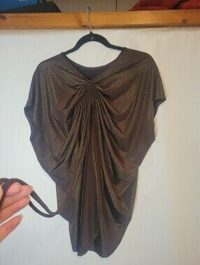 Shimmery Bronze Brown Drawstring Ruched Gather Pull Top With Side Tails